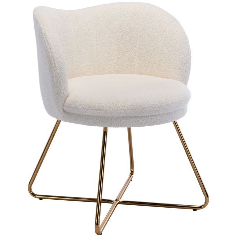Modern Accent Chair in Faux Fur Scalloped Armchair Occasional Tub Chair with Gold Metal Legs Comfty Cocktail Chair for Bedroom Living Room, White