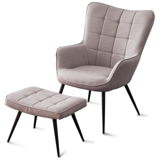 Vera Linen / Velvet Occasional Lounge Living Room Accent Chair Armchair Metal Legs Light Grey with Footstool
