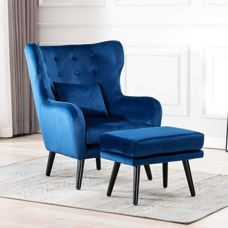 Winslow Wing Back Occasional Fabric Lounge Accent Chair Living Room Armchair Navy with Footstool - Navy with Footstool