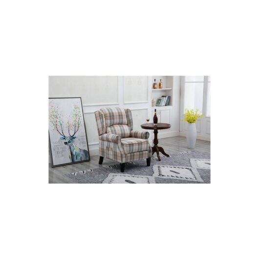 WestWood Vintage Armchair Sofa Recliner Lounge Fabric Tub Chair Seat Bedroom Home Occasional Furniture FA01 Beige Check