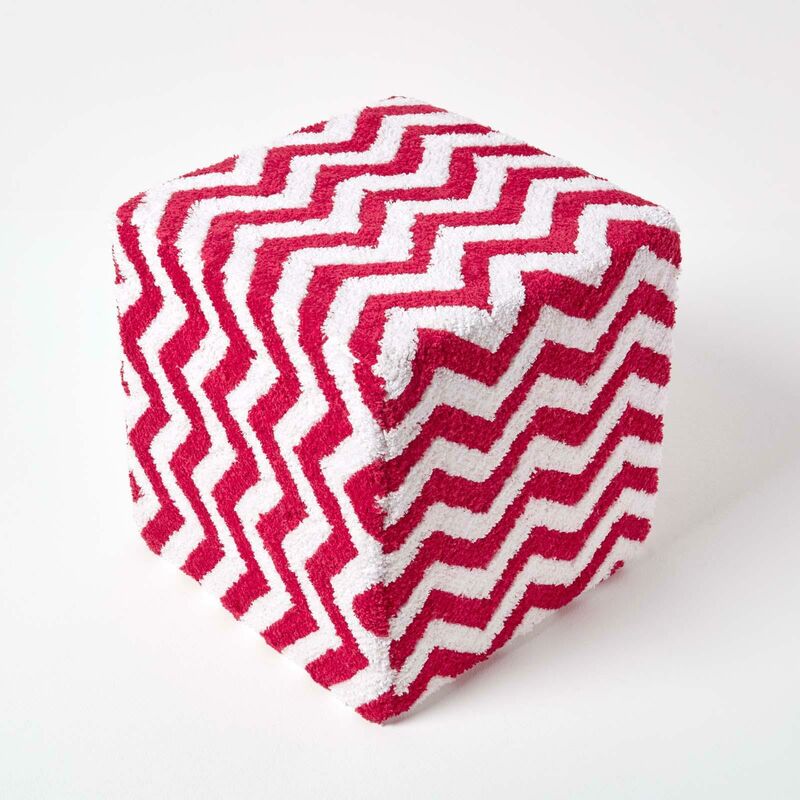 Red and White Chevron Design Cube Pouffe Tufted Cotton 36 x 36 x 38 cm - Red & White - Red & White - Homescapes