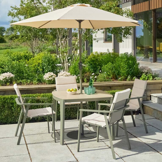 Tosano Garden Ceramic Glass Stone Top Dining Set with 2.5m Parasol in Sage Green and Cream